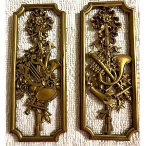2-HOMCO Syroco 1964 Musical Instrument GOLD Wall Plaques-Trumpet-Flute-Harp-Horn